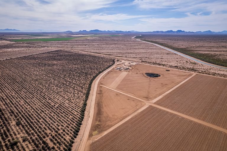 Aerial view of Pinal County Arizona rural land parcels and desert subdivision